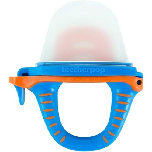 Teetherpop Fillable Silicone Teether for Babies – Breastmilk Popsicle Molds for Teething with Spill-Proof Sippy Slits – Freezable Baby Teethers for Liquids & Purées - Cool Teething Relief (BlueOrange)