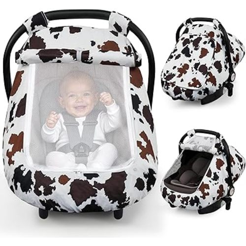 Elstey Car Seat Cover Baby, Minky Dot Carseat Covers Baby Girls, Lightweight Infant Car Seat Cover Canopy with 2 Layers Breathable Mesh Windows, Stroller Carrier for Babies Newborn Essentials