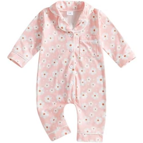 Balaflyie Baby Girl Button Down Pajamas Romper One-Piece Jumpsuit Long Sleeve Sleeper Infant Sleepwear