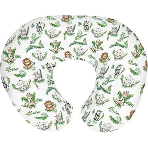 Cute Jungle Safari Animals Green Tropical Leaves Baby Nursing Pillow Covers for Boy Girl Lion Giraffe Elephant Zebra Nursery Pillowcase for Breastfeeding Pillows Soft Stretchy Slipcover for Newborn
