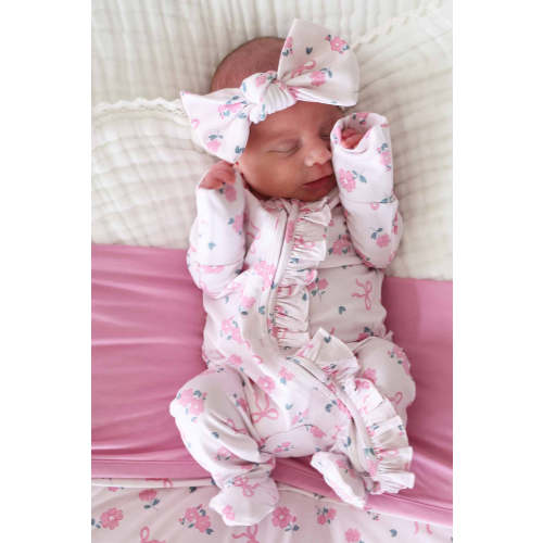 Ribbon & Roses Ruffle Zipper Footie | Pink