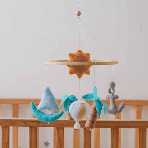 Seaside Nursery Mobile for Boys & Girls - Handmade Staycation Baby Mobile for Crib - Baby Crib Mobile BEACH Theme Accessories with Sailboat |Easy Assembly & Sturdy Structure |Gift for Newborns