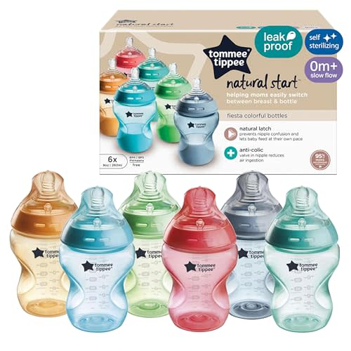 Tommee Tippee Natural Start Anti-Colic 9 oz BPA Free Baby Bottles, 0+ Months, Slow Flow Breast-Like Nipple, Self Sterilizing, Designed for Seamless Transition Between Bottle & Breast, Fiesta,Pack of 6