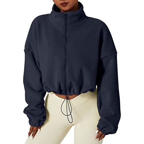 QINSEN Women's Full Zip Fleece Short Jacket Warm Winter Long Sleeve Stand Collar Sherpa Crop Coat
