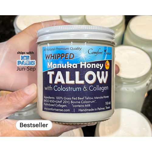 Collagen and Colostrum with Manuka Honey Tallow, All-Natural Whipped Tallow with 850+MGO Manuka Honey, Unscented Whipped Tallow