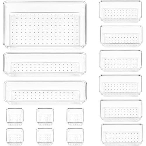 Vtopmart 15 PCS Clear Plastic Drawer Organizers Set, 4-Size Versatile Bathroom and Vanity Organizer Trays, Non-Slip Storage Containers for Makeup, Jewelries, Bedroom,Kitchen Utensils and Office