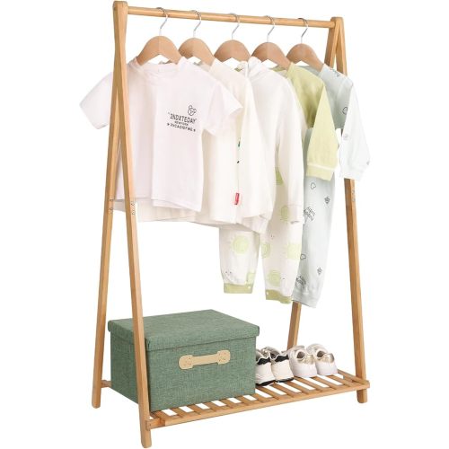 Small Clothes Rack Kids Dress Up Storage for Playroom, Toddlers Bedroom, Bamboo Child Garment Rack with Storage Shelf, Kids Clothing Rack Costumes Organizer