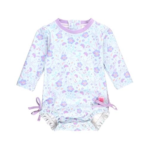 RuffleButts Baby Girls UPF 50+ Sun Protection Floral Printed Long Sleeve One Piece Rash Guard Swimsuit with Zipper