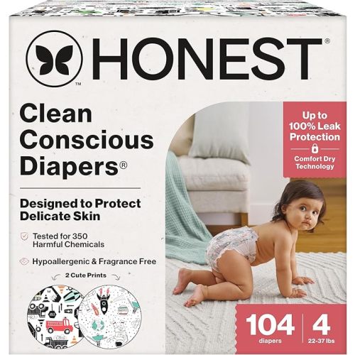 The Honest Company Clean Conscious Diapers for Sensitive Skin | Hypoallergenic, Fragrance Free | Gender Neutral Prints | Super Club Box, Size 4 (22-37 lbs), 104 Count