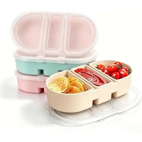 Silicone Snack Containers 3 Compartments Reusable Snackle Box with Lids 3 Pack Portable Food Storage for Picnic Lunch Office Gym School BPA-Free & Dishwasher Safe (Beige/Aqua/Dusty pink)