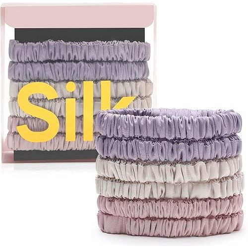 6Pcs Silk Hair Ties Small 22 Momme 100% Pure Mulberry Silk Scrunchies for Women Girls Thin Skinny Hair Sleep Scrunchies No Damage(Color 08)