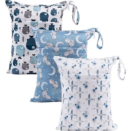 babygoal Wet Dry Bags for Baby Cloth Diapers, Washable Travel Bags, Beach, Pool, Gym Bag for Swimsuits & Wet Clothes with Two Zippered Pockets 3 Pack, 3LN28