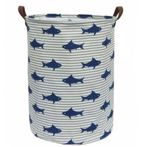 Shark Decor - Large Sized Storage Baskets with Handle, Collapsible & Convenient Home Organizer Containers for Kids Toys, Baby Clothing ( Round - Dark Blue Shark )
