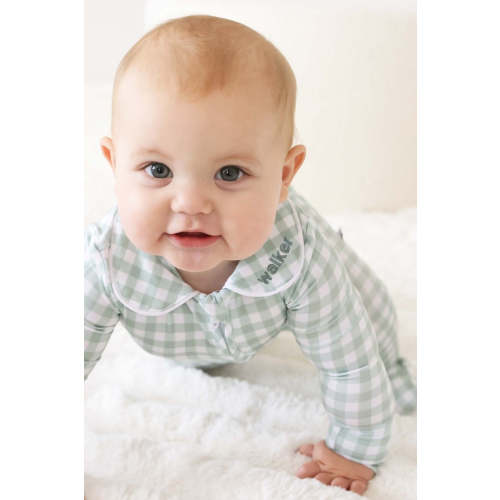 Peter Pan Collar Zipper Footie in Moss Gingham | Caden Lane