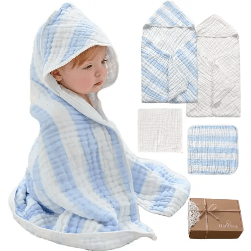 Muslin Hooded Baby Towel 4 Pack, Preuim Muslin 6 Layers Natural Cotton Baby Bath Towels, Soft and Comfortable for Boys,Girls (32 x 32, Blue Striped and White)