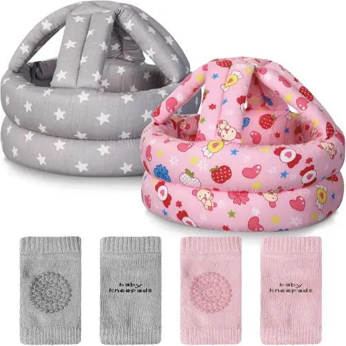 Geyoga 2 Pack Baby Safety Helmet for Crawling Walking with 2 Pairs Knee Pads Baby Head Protector Adjustable Baby Head Cushion Bumper Bonnet for Learning to Walk(Candy, Star)