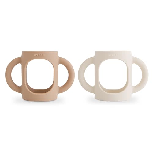 mushie Silicone Baby Bottle Handles 2-Pack | Fits 4 oz & 8 oz Narrow, Standard, Wide Neck Bottles Compatible with Dr. Brown’s, Philips Avent & More – 3 Months+ (Natural/Shifting Sand)
