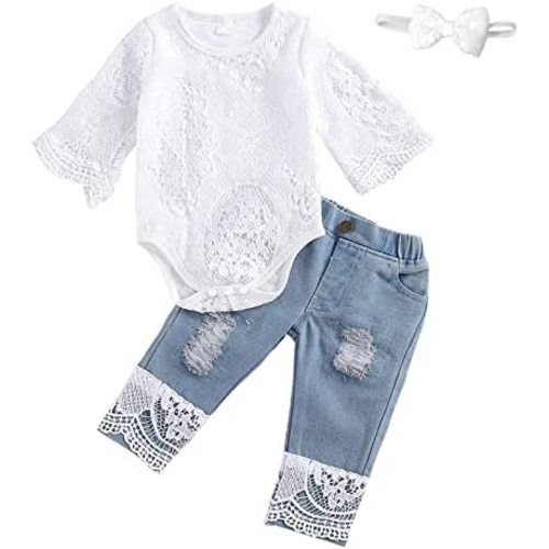 Baby Girl Clothes Set Lace Ruffle Romper Flare Denim Jean Pants and Headband 3Pcs Set Newborn Infant Outfits Set