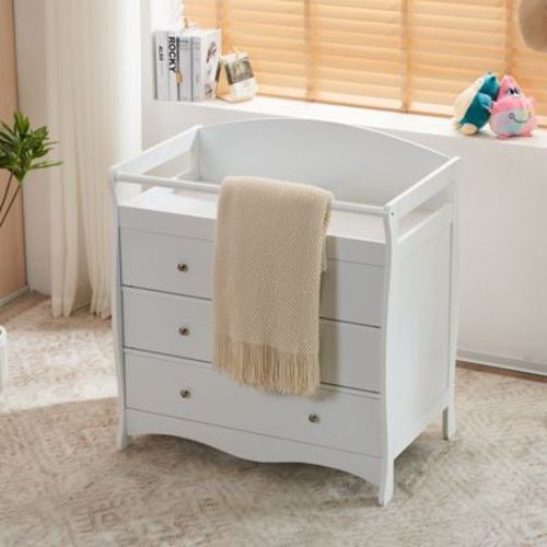 KTMBDW Modern 3-Drawer Dresser Wooden Bed Baby for Bedroom, Living Room, White