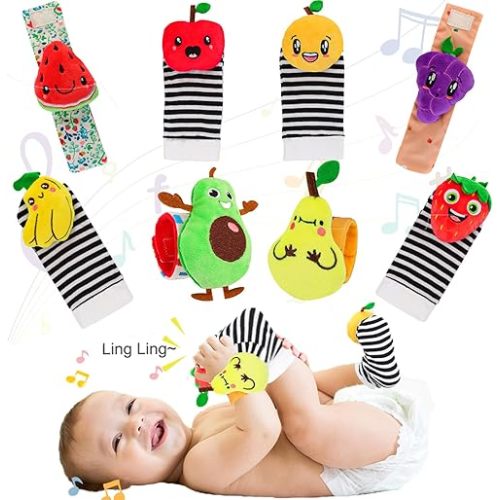 Baby Wrist Rattles Sock Toys - Newborn Baby Sock Toys Over 0 Years Old, 8PCS Soft Foot Finder and Wrist Rattle Set, Hand and Feet Rattles, Sensory Developmental Socks for Infants Girl Boy Gifts