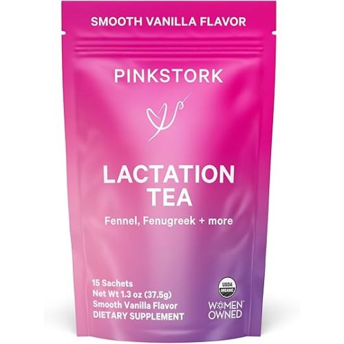 Pink Stork Organic Lactation Support Tea for Breast Milk Supply - Fenugreek, Milk Thistle, + Fennel - Breastfeeding Essentials, Caffeine-Free - Hot or Iced - 15 Sachets, Smooth Vanilla