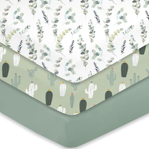 Little Grape Land 3 Pack Crib Sheets, Baby Sheet Set for Standard Crib & Toddler Mattress, Super Soft Breathable Mattress Sheets Fitted Girl & Boy, Leaves/Cactus/Solid Green Set