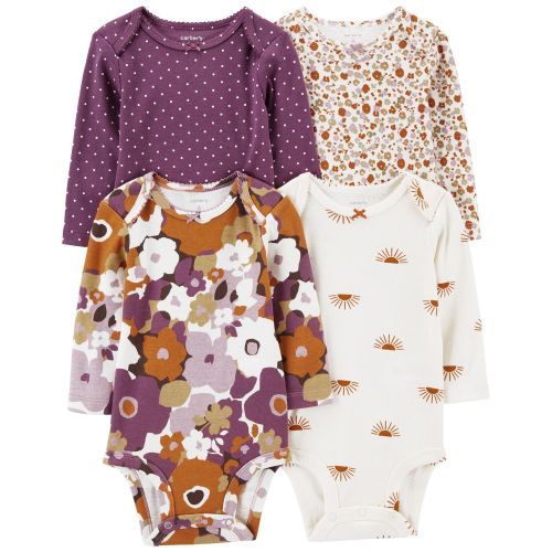 Baby 4-Pack Long-Sleeve Floral & Polka Dot Bodysuits