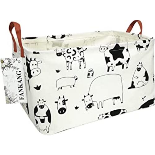 FANKANG Storage Basket,Nursery Hamper Canvas Laundry Basket Foldable with Waterproof PE Coating Storage, Office, Bedroom, Clothes,Toys(L, Rec-cows)