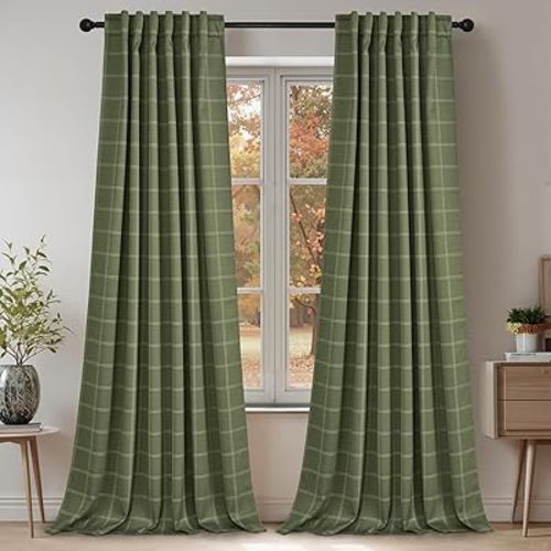 NICETOWN Buffalo Check Plaid 100% Blackout Curtains 84 Inches Long for Bedroom, Living Room Thermal Insulated Room Darkening Rod Pocket Back Tab Drapes, Olive Green, 52" W x 84" L, 2 Panels