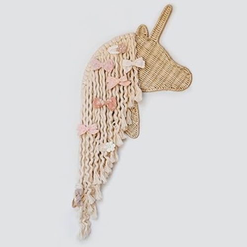 BEBE BASK Unicorn Boho Handmade Rattan Macrame Hair Bow Holder and Organizer for Girls