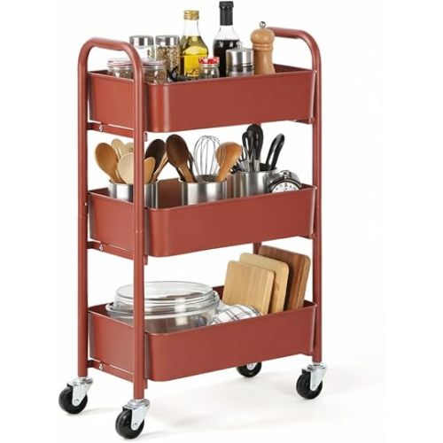 SunnyPoint 3-Tier Delicate Compact Rolling Metal Storage Organizer - Mobile Utility Cart Kitchen/Under Desk Cart with Caster Wheels (RED, 15.35" X 10.24" X 26.8"H)