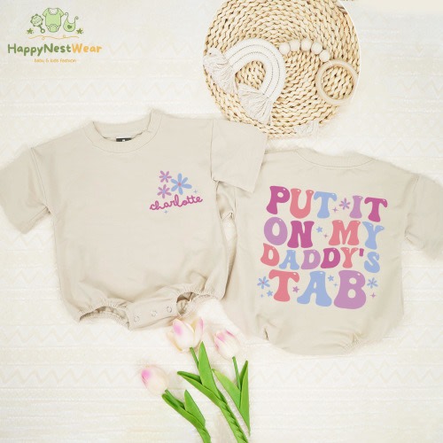 Personalized Put It On Daddy’s Tab 2 SIDED Baby Romper, Father’s Day Bodysuit, Daddy&#39;s Girl Romper, Newborn Gift, Cute Baby Girl Clothes