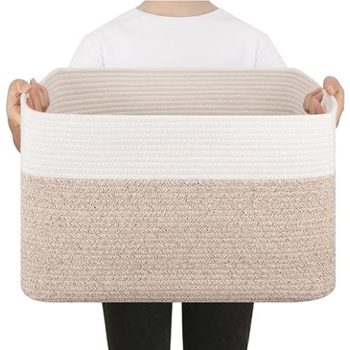 Blanket Basket, Cotton Rope Woven Storage Basket for Living Room, Toy Bin for Kids, Nursery, Baby Room Decorative Organizer, 18''×14''×12'', Brown & White