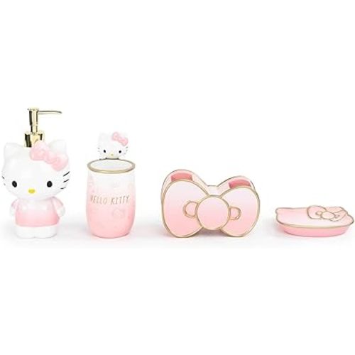 Jay Franco Hello Kitty Organizer Set - 4 Piece Pink Accessories Includes Resin Tumbler, Soap Dispenser, Soap Dish and Toothbrush Holder - Bathroom Décor
