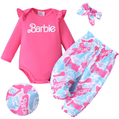 Barbie Baby Girl Clothes Ruffle Long Sleeve Romper And Camouflage Pants 3Pcs Outfit Set With Headband Newborn Gift Sizes 0/3-18M