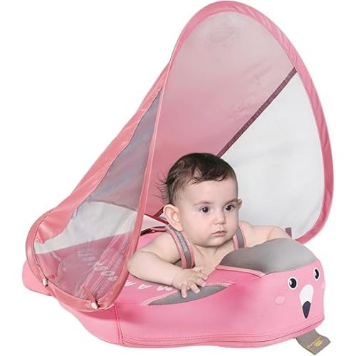 Mambobaby Baby Pool Float with Canopy, Non-Inflatable Infant Swimming Float, Soft Waterproof Skin-Friendly Material, Solid Avoid Flip Floatie with Tail, UPF 50+ Bathtub Swim Ring for 3-24 Months Kids