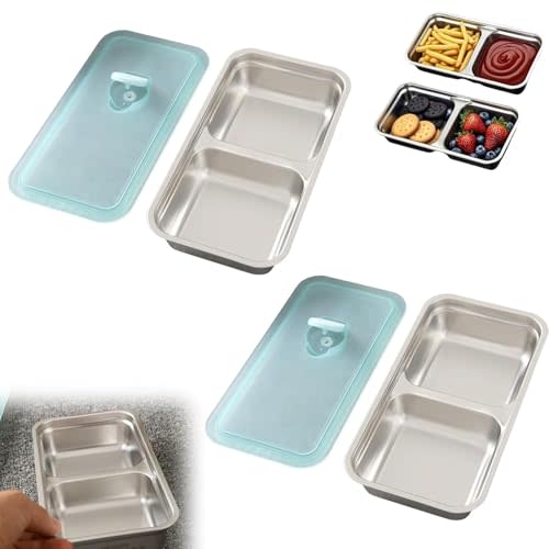 noxozoqm Grab and Go Snack Containers Reusable,Stainless Steel Double Compartment Snack Containers,Dishwasher- Reusable Condiment Container with Lids of Snacks,Dips,Travel and Outdoor Camping (2PCS)