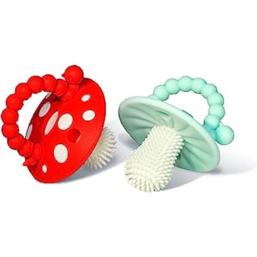 RaZbaby Chompy Teether for Infant & Baby 3M+ Teether Toy with Massaging Bristles for Teething Relief Pacifier - Soothes Sore Gums - Hands-Free & Easy-to-Hold Teether, BPA Free - RED/BLUE
