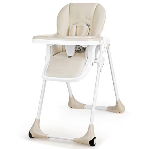 KOTEK Foldable Baby High Chair w/ 7-Position Adjustable Seat Height, Adjustable Backrest, Footrest and Tray, Portable Baby Dining Chair w/ Detachable PU Leather Cushion, Wheels for Infant Toddler (Beige)