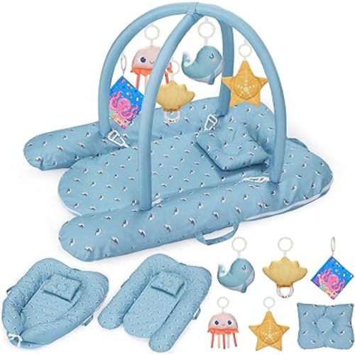 7-in-1 Baby Play Mat & Activity Gym, Baby Gym - 0-12 Months Multi-Use Play Center with 5 Hanging Sensory Toys, Tummy Time Pillow for Early Development, Whale