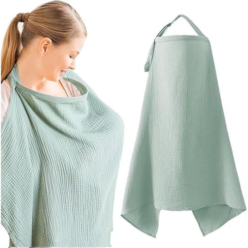 Muslin Nursing Cover for Breastfeeding, Soft&Breathable Cotton Privacy Nursing Covers with Arch Neckline Adjustable Hoop (Green)