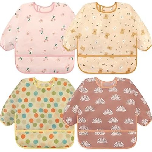 Accmor 4 Pack Baby Long Sleeve Bibs, Waterproof Toddler Smock Bib for Eating Feeding 6-36 Months