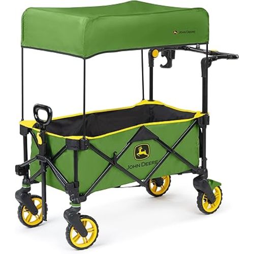 Bright Starts John Deere Pop 'N Ride Stroller Wagon, Foldable with Sun Shade 50+ SPF Protection, Seats 2 Kids at Once, Green & Yellow Unisex