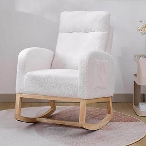 Nursery Rocking Chair with Solid Wood Legs, Glider Chair for Nursery with Two Side Pockets, Rocker Armchair for Living Room Bedroom (White, Teddy Fabric)