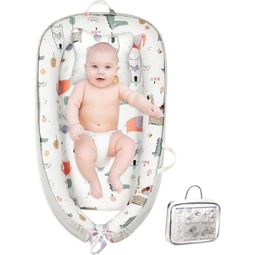 Baby Lounger for Newborn 0-24 Months with Removable Pillow | Breathable, Portable & Soft Infant Sleep Mat | CPSC Certified for Home, Travel & Playtime | Easy to Clean Baby Gift Essentials-Animal