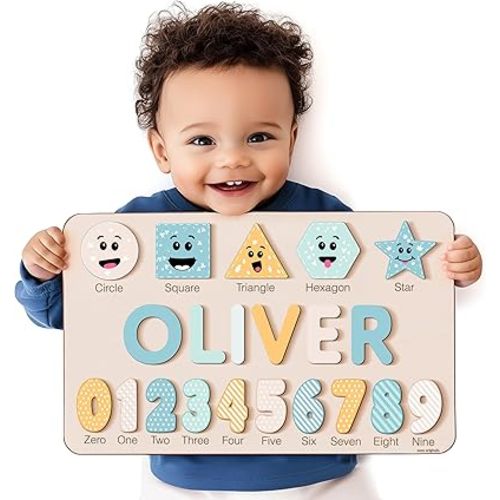 Custom Handmade Name Puzzle with Shapes, Numbers and Names, Personalized Birthday Gift for Kids, for Toddlers, Unique New Baby Gift, Wooden Montessori Toy