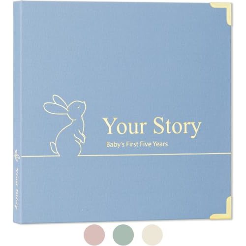 Keepsake Baby Memory Book Boy and Girl - Gender Neutral Baby Journal For First 5 Years, Timeless Baby Scrapbook Journal Milestones Baby Photo Album, Gender Reveal Gifts New Parents - Sky Blue