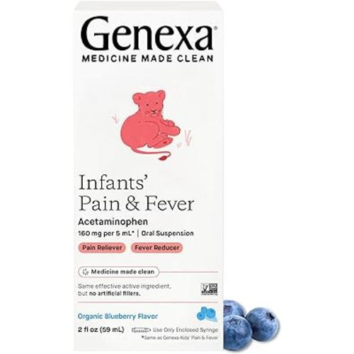 Genexa Infants’ Pain and Fever Reducer | Baby Acetaminophen, Dye Free, Liquid Oral Suspension Medicine for Infant | Delicious Organic Blueberry Flavor | 160 mg per 5mL | 2 Fluid Ounces
