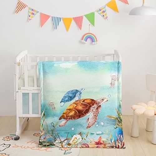Crib Bedding Set,3pcs Nursery Crib Bedding with Comforter Crib Sheet & Crib Skirt,Brown Blue Turtle Marine Life Nursery Bedding for Baby Boys and Girls(Turtle2)