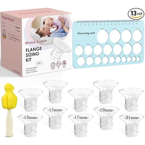 Nursi Luna Flange Sizing Kit 3-in-1 with 13/15/17/19/21mm for 24mm Electric Breast Pump Flanges/Shields, 10PCS Soft Silicone Flange Inserts for More Comfortable Pumping, BPA-Free, Essential for Moms